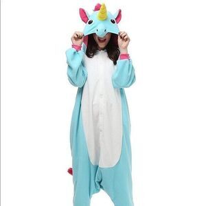 Adult Plush Animal Pajama Jumpsuit Costume - Blue Unicorn